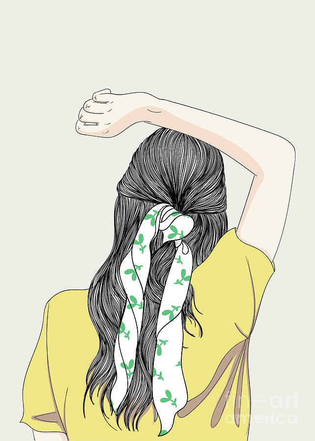 Girl With Long Hair And Unique Hairstyle - Line Art Graphic Illustration Artwork Digital Art by Sambel Pedes
