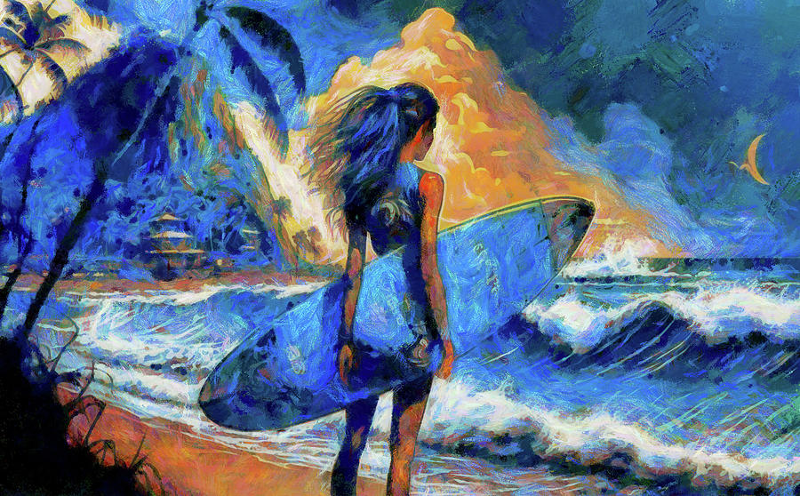 Girl with Surfoard Checking Swell Digital Art by Caito Junqueira