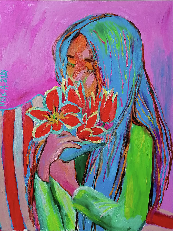 Girl with tulips Painting by Elena Nikiforova