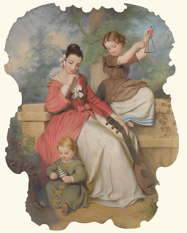 Girl With Two Children Playing Music Th Century Painting By Continental   Girl With Two Children Playing Music Th Century Continental School 