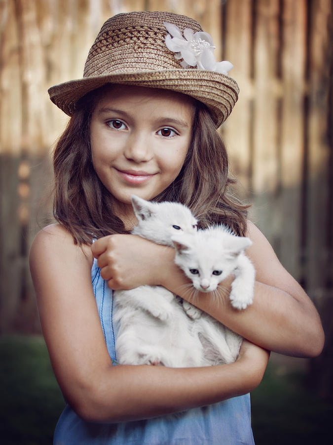 Girl with two white kittens Photograph by Diana Kraleva