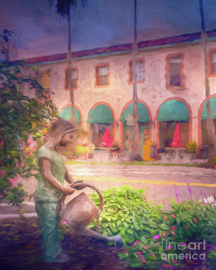 Girl With Watering Can Statue in Venice, Florida, Painterly 2 Photograph by Liesl Walsh