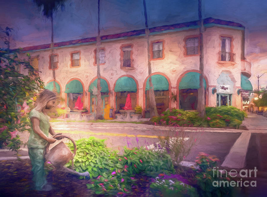 Girl With Watering Can Statue in Venice, Florida, Painterly Photograph by Liesl Walsh