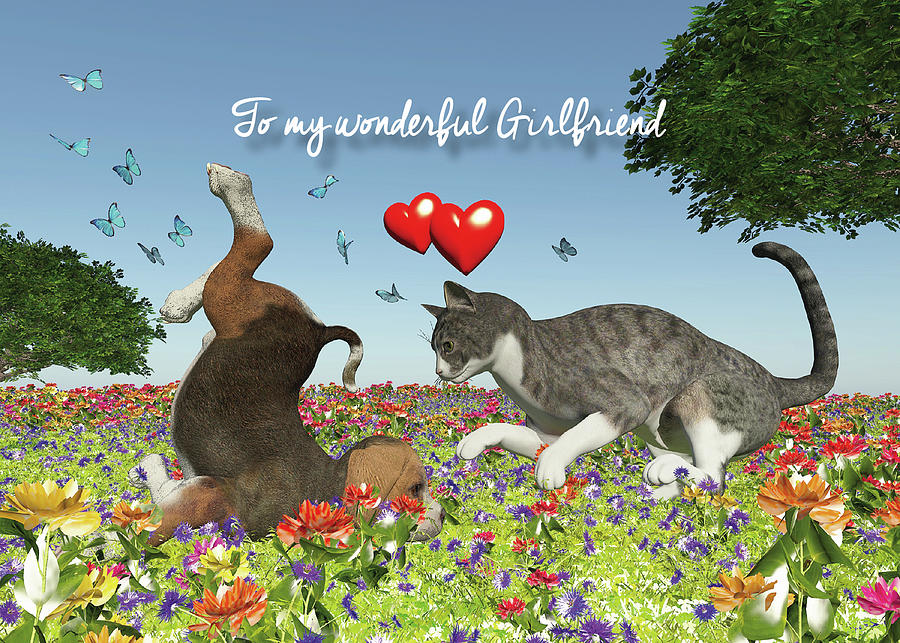 Girlfriend Valentine with a cat and puppy dog Digital Art by Jan Keteleer