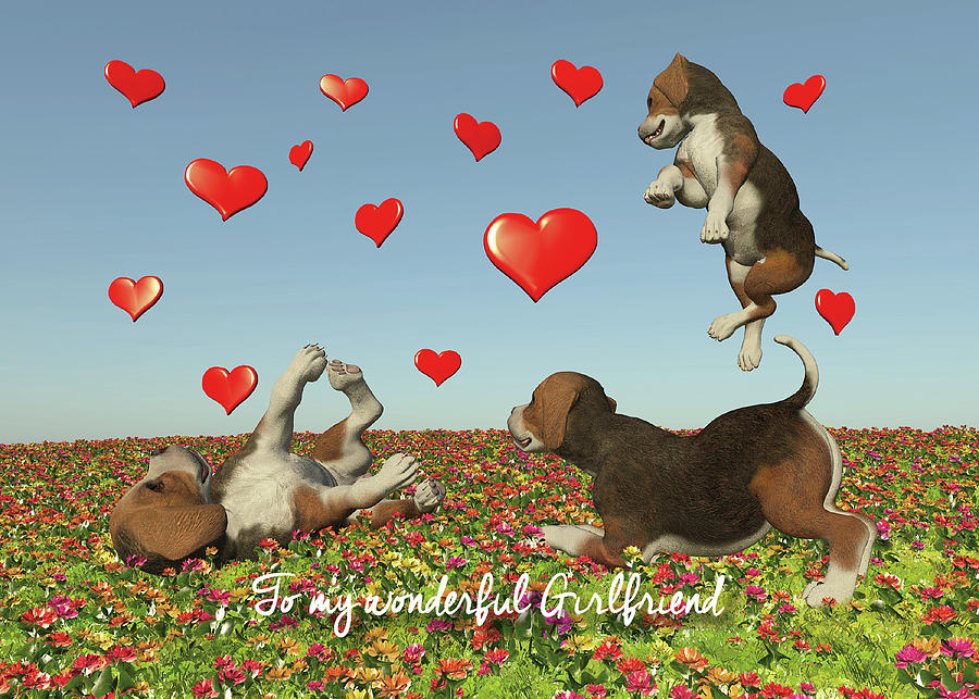 Girlfriend Valentine with puppy dogs and hearts Digital Art by Jan Keteleer