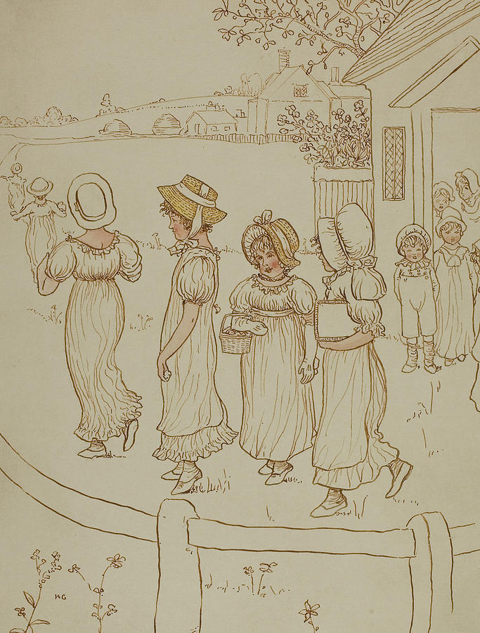 Girls Going Down a Lane Drawing by Kate Greenaway