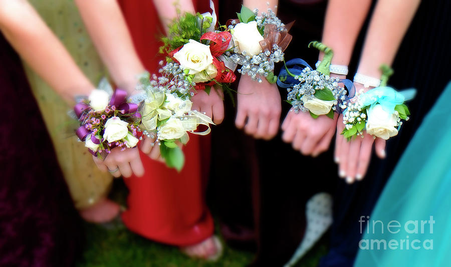 Girls Holding Arms Out with Corsage Flowers for Prom High School Photograph by Lane Erickson