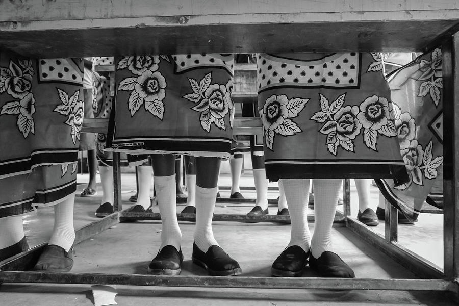 Black And White Photograph - Girls in class. by Vicky Markolefa Black And White Photograph - Girls in class. by Vicky Markolefa
