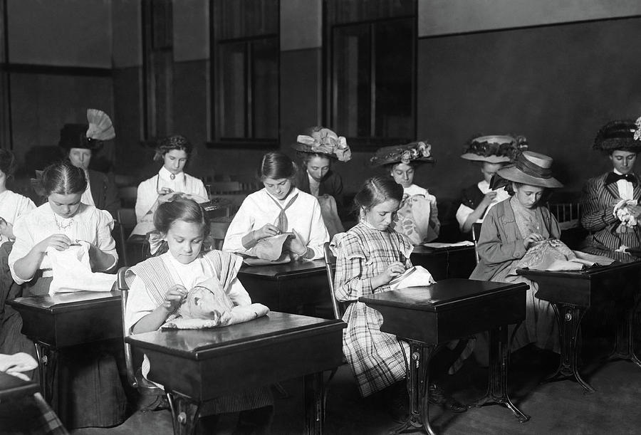 Girls Learning To Embroider - Boston 1909 - Lewis Hine Photograph by War Is Hell Store