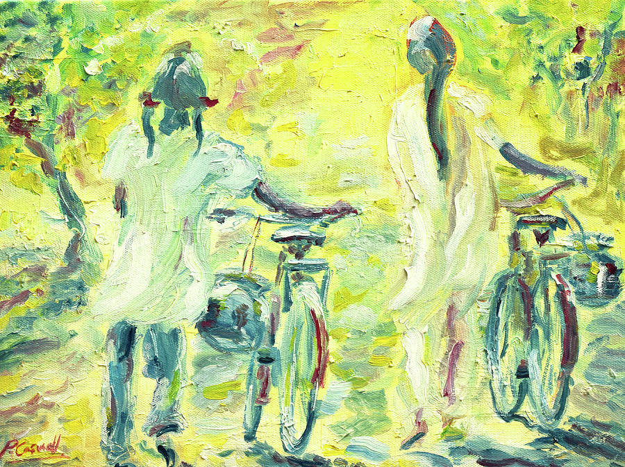 Girls on Bikes in India Painting by Pete Caswell