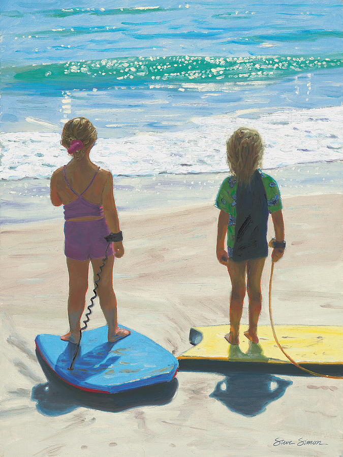 Girls on Boogie Boards Painting by Steve Simon
