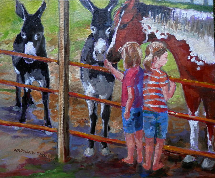 Girls with Horse and Donkdys Painting by Martha Tisdale