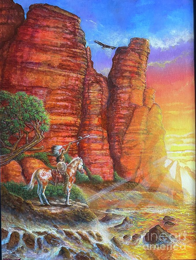 GIVE THANKS , Native American on Sedona Mountains Arizona Painting by Leland Castro