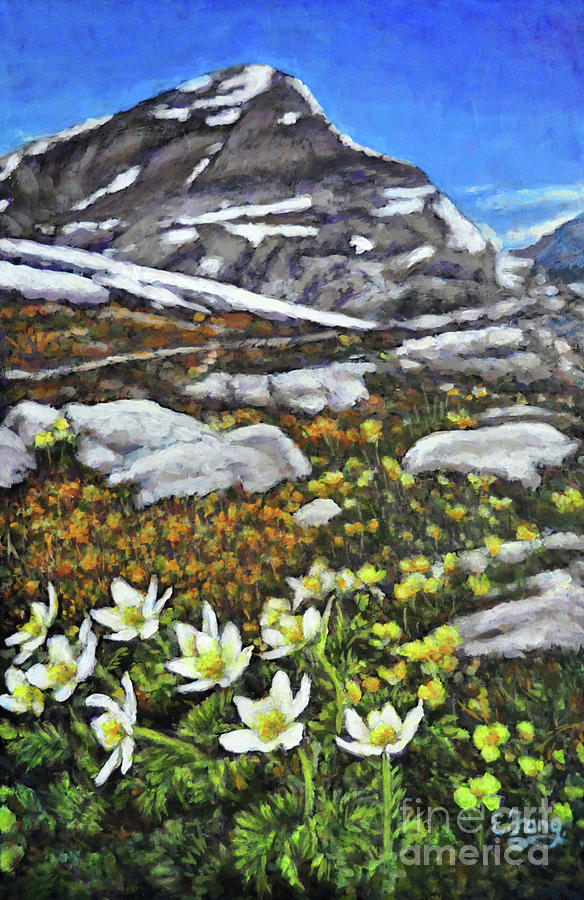 Glacier Mountain with Alpine Flowers Painting by Eileen  Fong