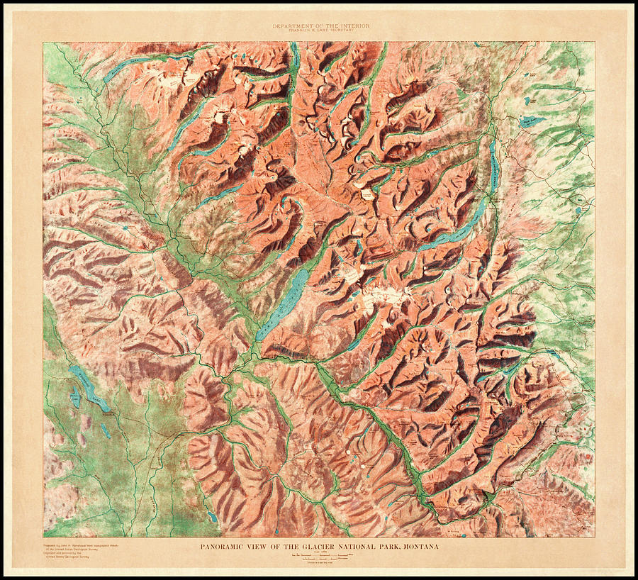 Glacier National Park Photograph - Glacier National Park Montana Vintage Map 1914 by Carol Japp