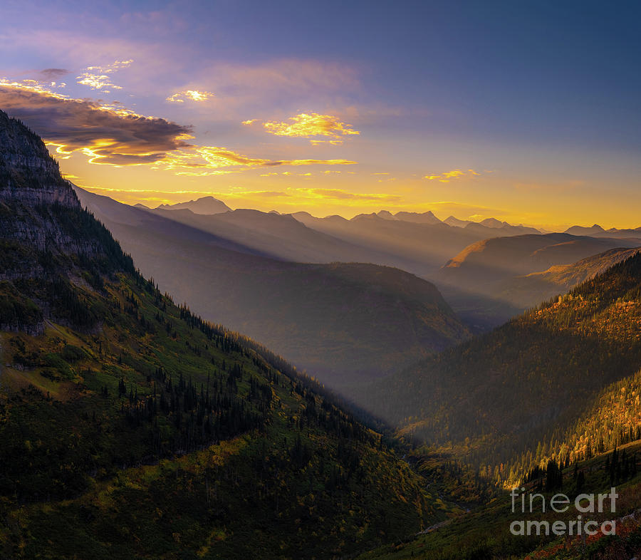Glacier National Park Sunset Sunrays on Fall Colors Photograph by Mike Reid