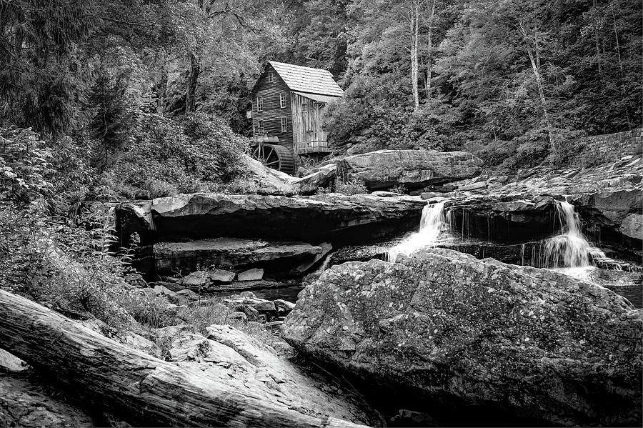 Glade Creek Grist Mill and Twin Falls - Black and White Photograph by Gregory Ballos