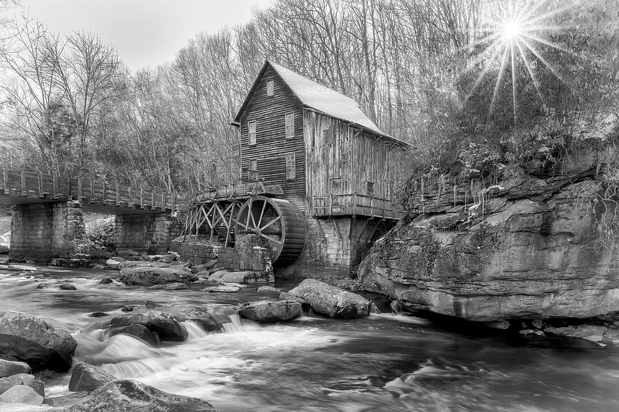 Glade Creek Grist Mill in Winter - Black and White Photograph by Susan Rissi Tregoning