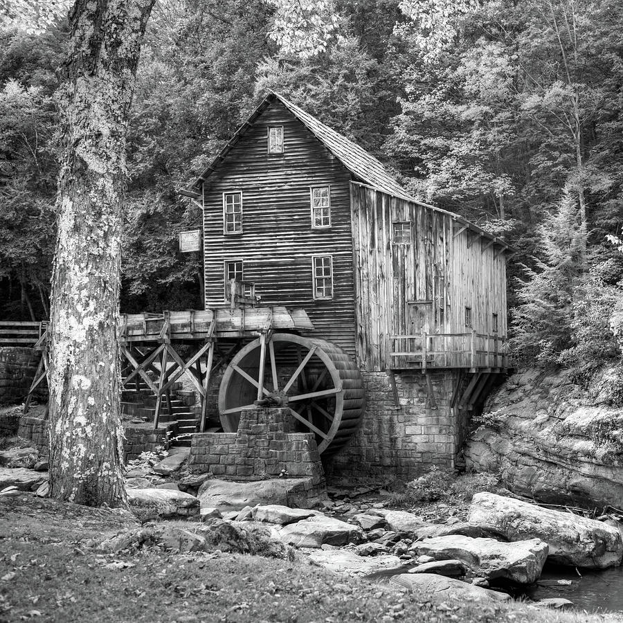 Black And White Photograph - Glade Creek Grist Mill of the Appalachian Mountains 1x1 Monochrome by Gregory Ballos
