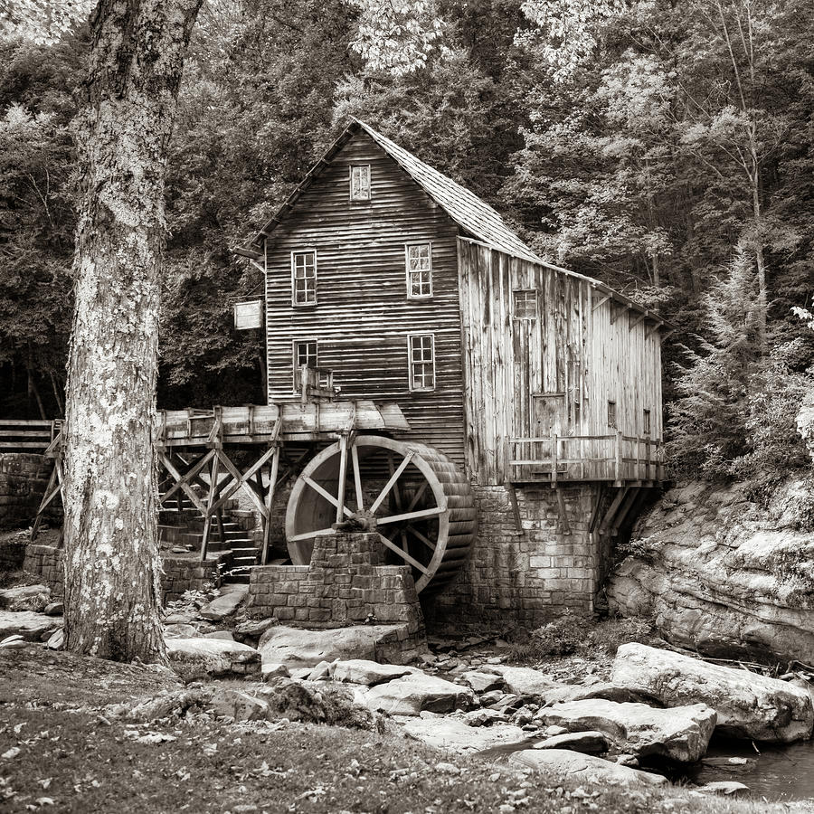 Glade Creek Mill Photograph - Glade Creek Grist Mill of the Appalachian Mountains 1x1 Sepia by Gregory Ballos