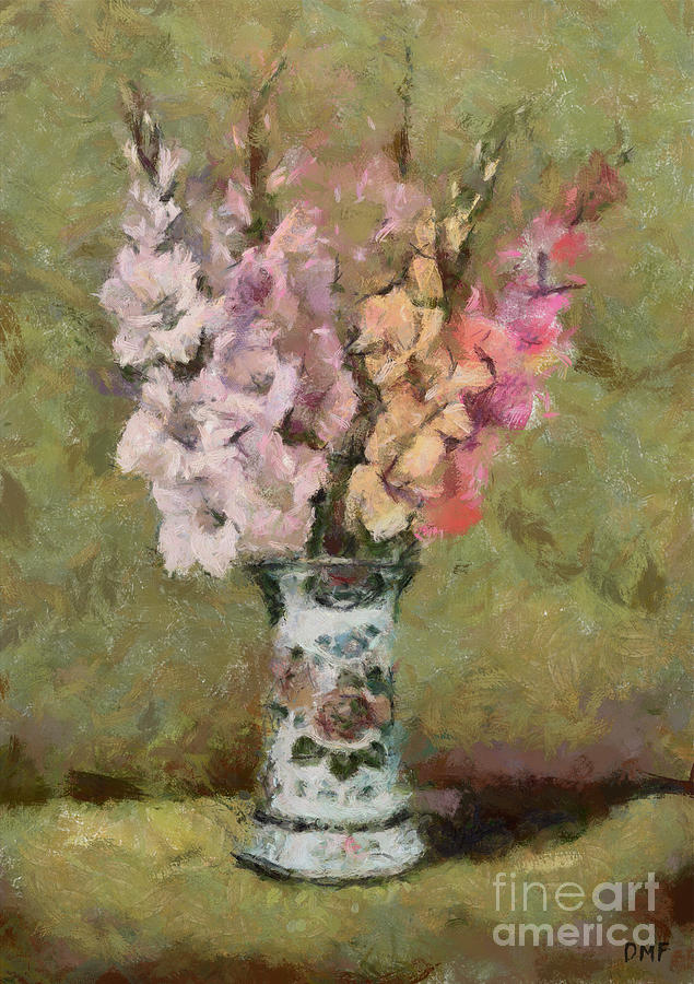 Gladioli in a Delft Vase Painting by Dragica Micki Fortuna