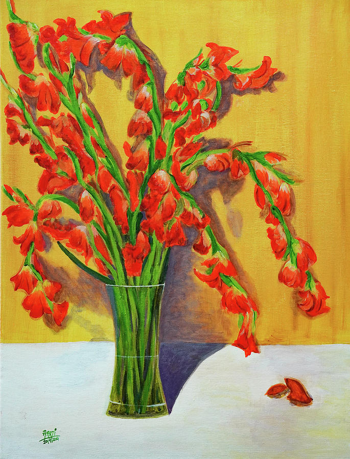 Gladiolus in a glass vase Painting by Aarti Bartake