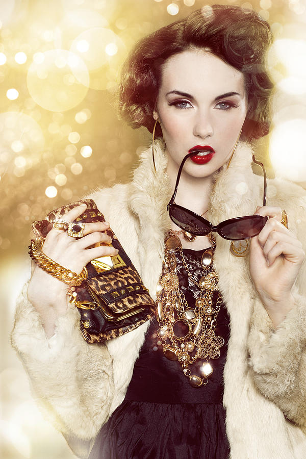 Glamorous Woman With Gold Chains And Fur Coat Photograph by Paper Boat Creative