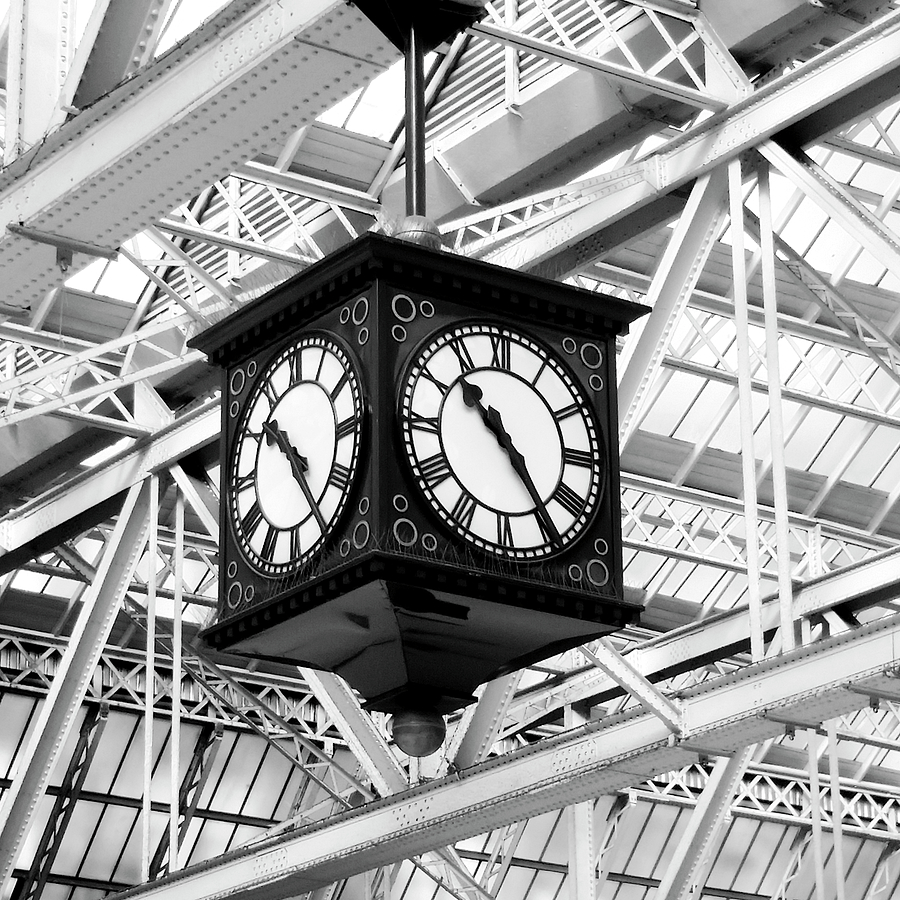 Architecture Photograph - Glasgow Central Train Station Clock BW by Christi Kraft