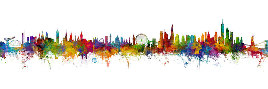 Glasgow, London and New York Skyline Mashup Digital Art by Michael Tompsett