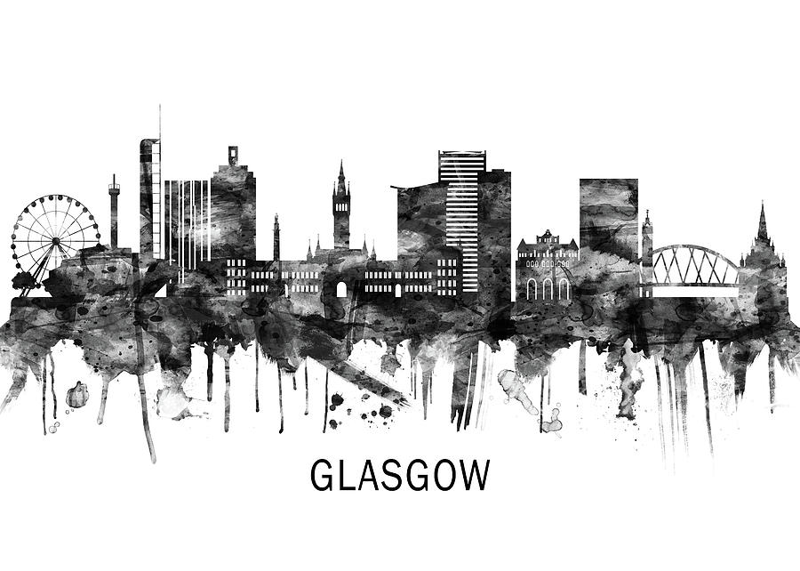 Glasgow Scotland Skyline BW Mixed Media by NextWay Art
