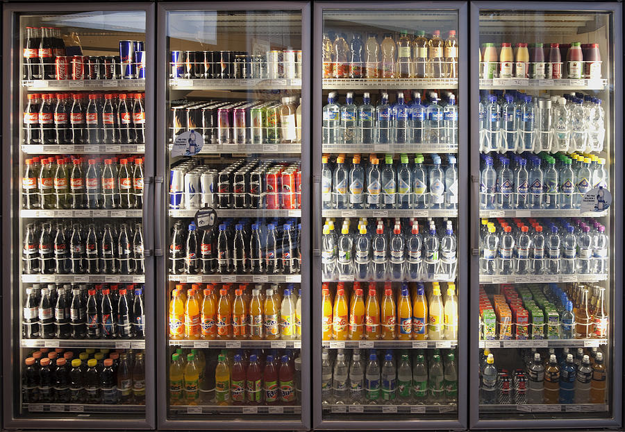 Glass cabinets with diverse range of softdrinks. Photograph by Ekely