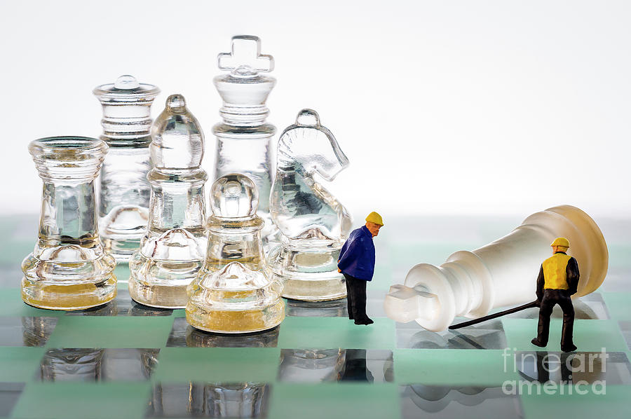 Glass chess pieces, king, queen, knight, bishop, rook and pawn. Fallen king miniature people workers. Macro Photograph by Pablo Avanzini