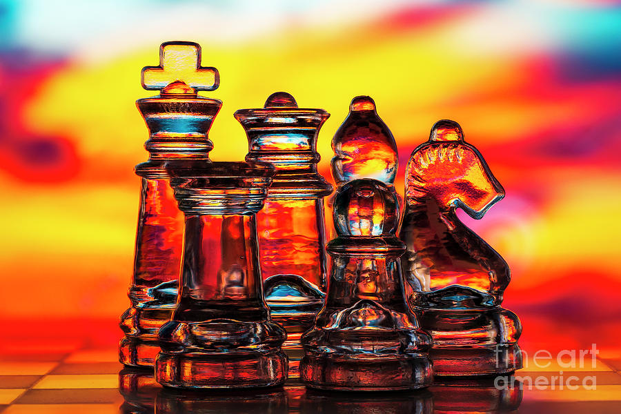 Glass chess pieces, king, queen, knight, bishop, rook and pawn. Macro Photograph by Pablo Avanzini