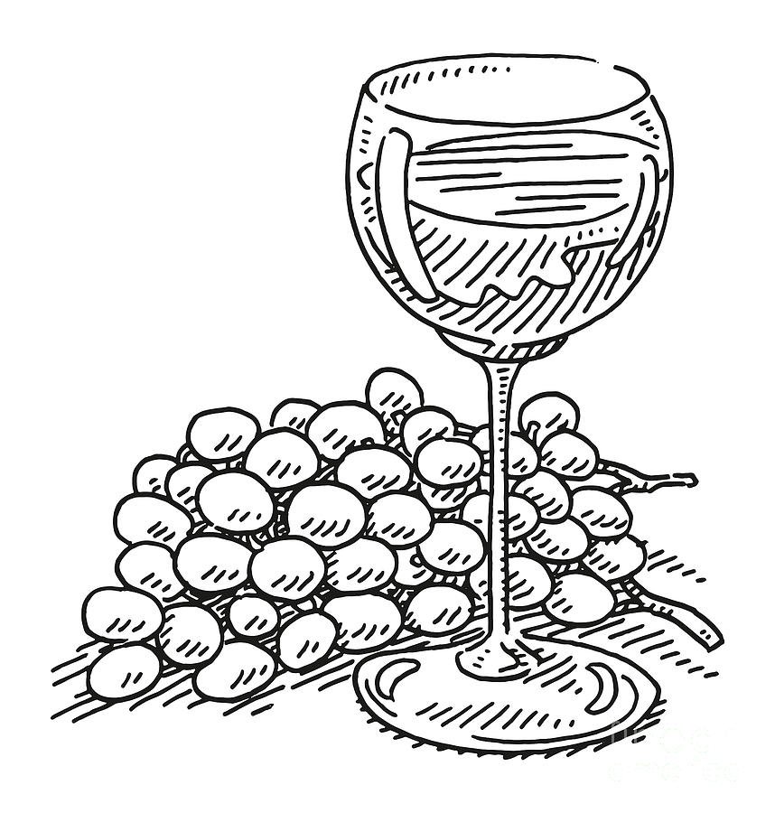 Glass Of Wine And A Bunch Of Grapes Drawing Drawing by Frank Ramspott