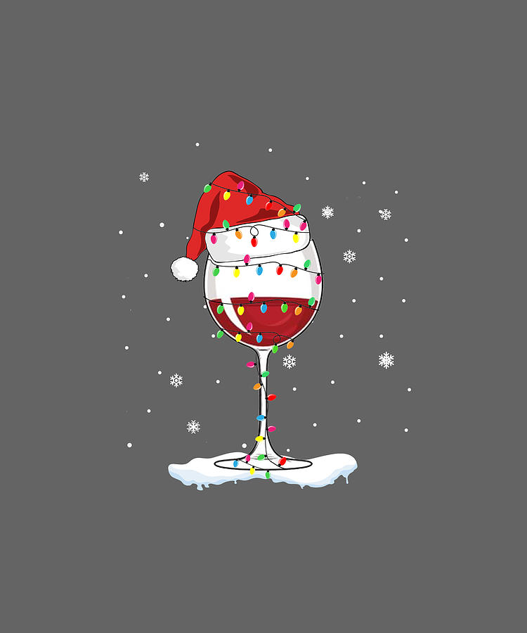 Glass of Wine Christmas Lights Santa Hat Tshirt Digital by Felix
