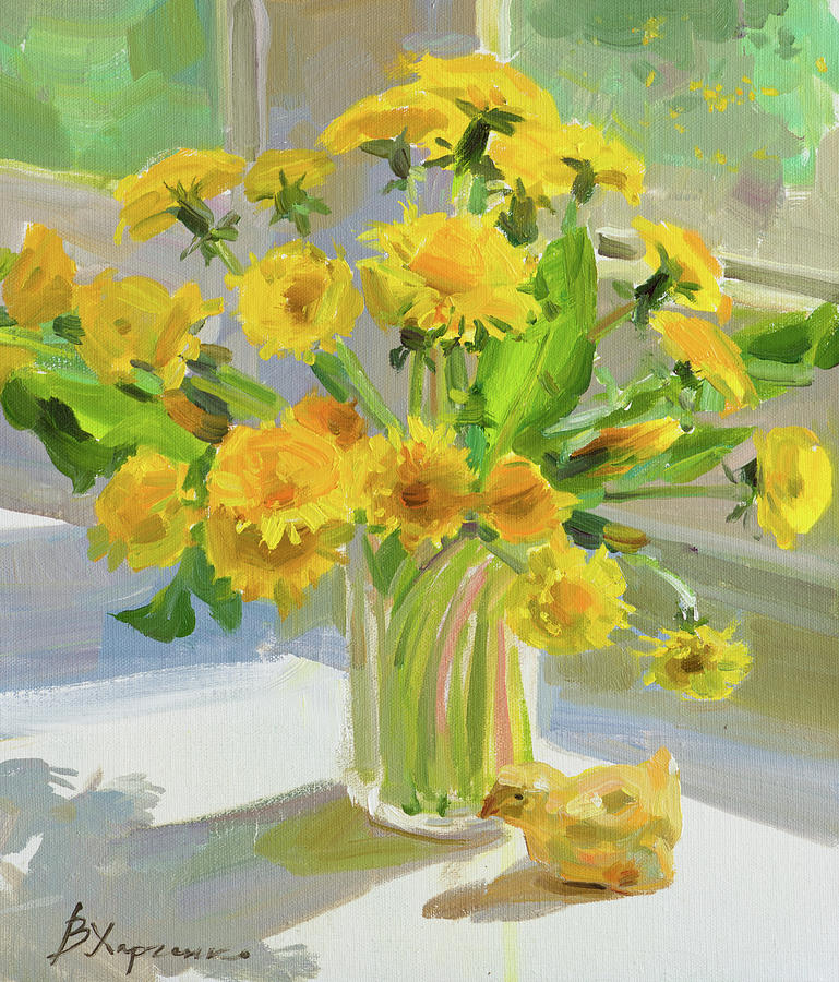 Flower Painting - Glass of yellow spring by Victoria Kharchenko