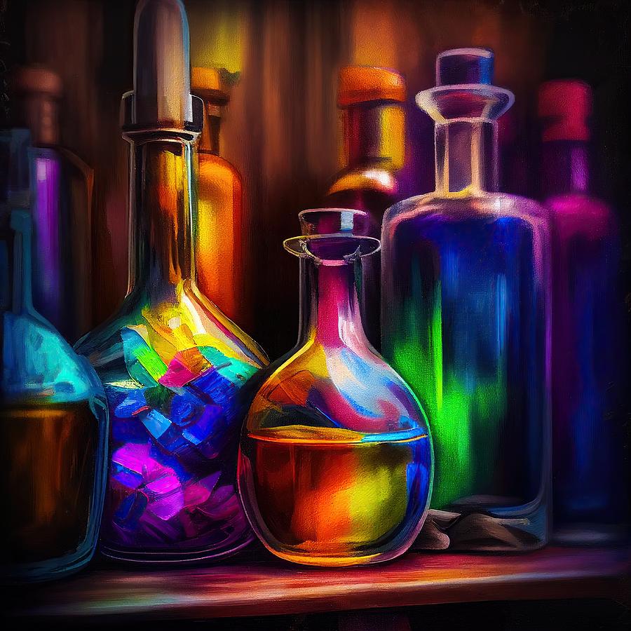 Bottle Painting - Glasses and bottles on a shelf by My Head Cinema