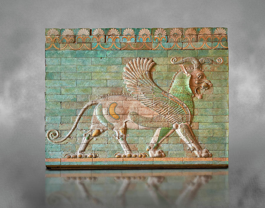 Glazed Persian tiled panel of mythical Griffins - 510 BC - The Louvre Museum Paris Photograph by Paul E Williams