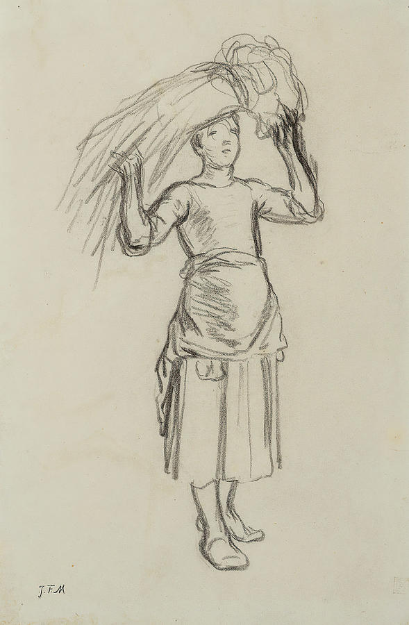 Gleaner Standing Holding Straw Bale on Head Drawing by Jean-Francois Millet