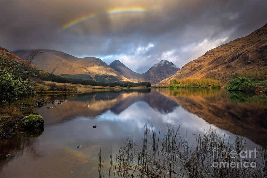 Mountain Photograph - Glen Etive Lochan Nam Urr Rainbow Scotland by Barbara Jones PhotosEcosse