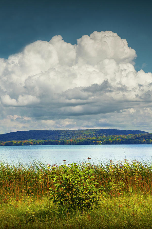 Glen Lake with Billowing Clouds and Grassy Shore  Photograph by Randall Nyhof