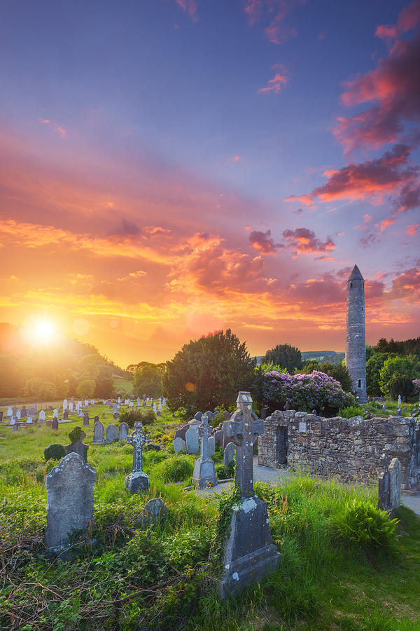 Glendalough monastic site with the round tower and cemetery in County Wicklow, Ireland Photograph by Peter Zelei Images