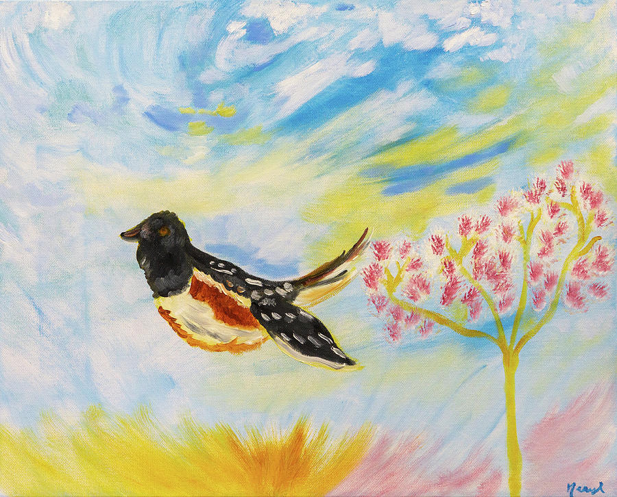 Gliding Towhee Bird Painting by Meryl Goudey