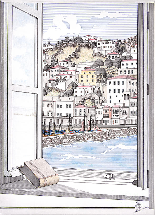 Window to Hydra Drawing by Panagiotis Mastrantonis