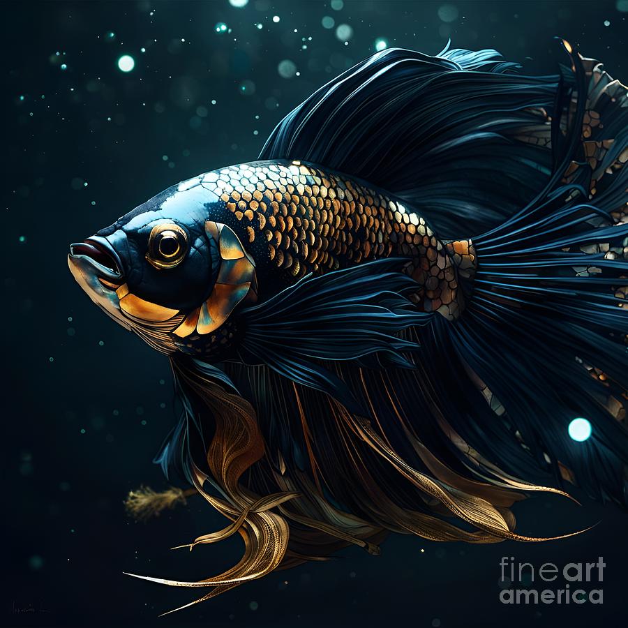Glistening Beauty - Blue Betta Fish Underwater with Golden Filigree Details  Sticker by Artvizual - Fine Art America