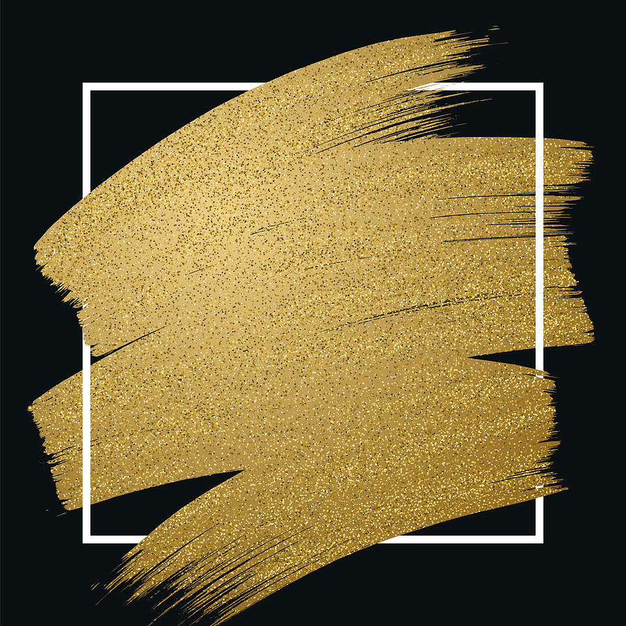 Glitter golden brush stroke with frame on black background Drawing by Discan