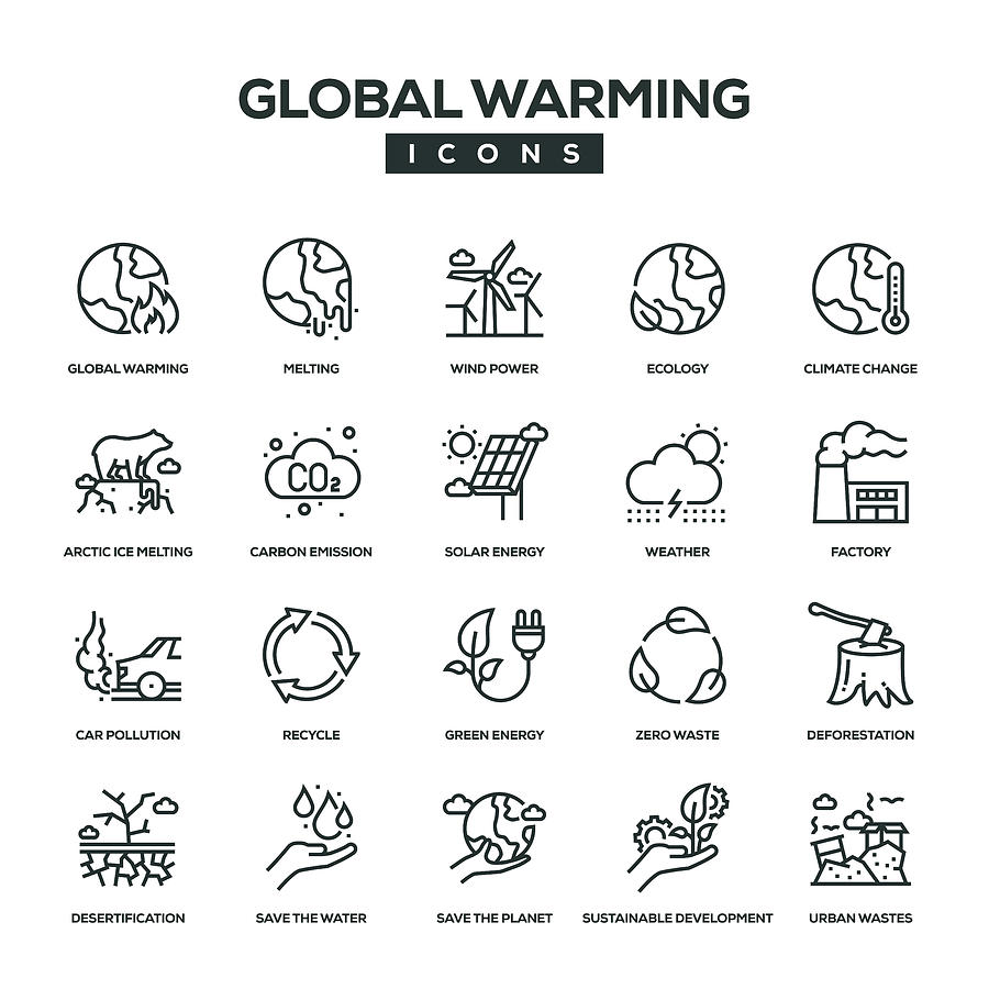 Global Warming Line Icon Set Drawing by Kadirkaba