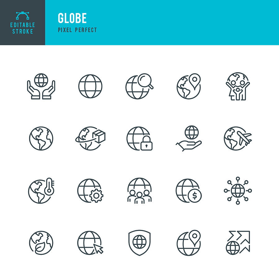 GLOBE - thin line vector icon set. Pixel perfect. Editable stroke. The set contains icons: Planet Earth, Globe, Global Business, Climate Change, Delivering, Travel, Environmental Conservation, Shipping. Drawing by Fonikum
