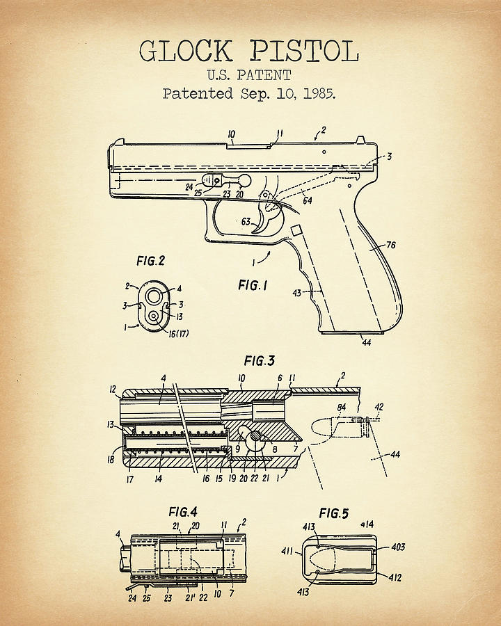 243 Original Pistol Handgun Vintage Gun Official Glock US Patent Art Print