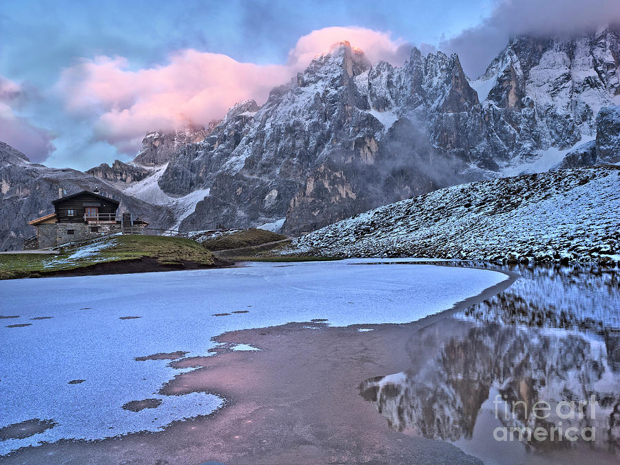 Glorious - magnificent mountainous panorama at frozen lake at dusk PASSO ROLLE  May Dolomites Italy Pyrography by Tatiana Bogracheva